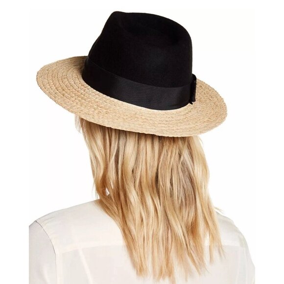 Kate Spade New York Hat 100% Wool Raffia Straw Brim Fedora Black Ribbon Bow - Picture 2 of 10